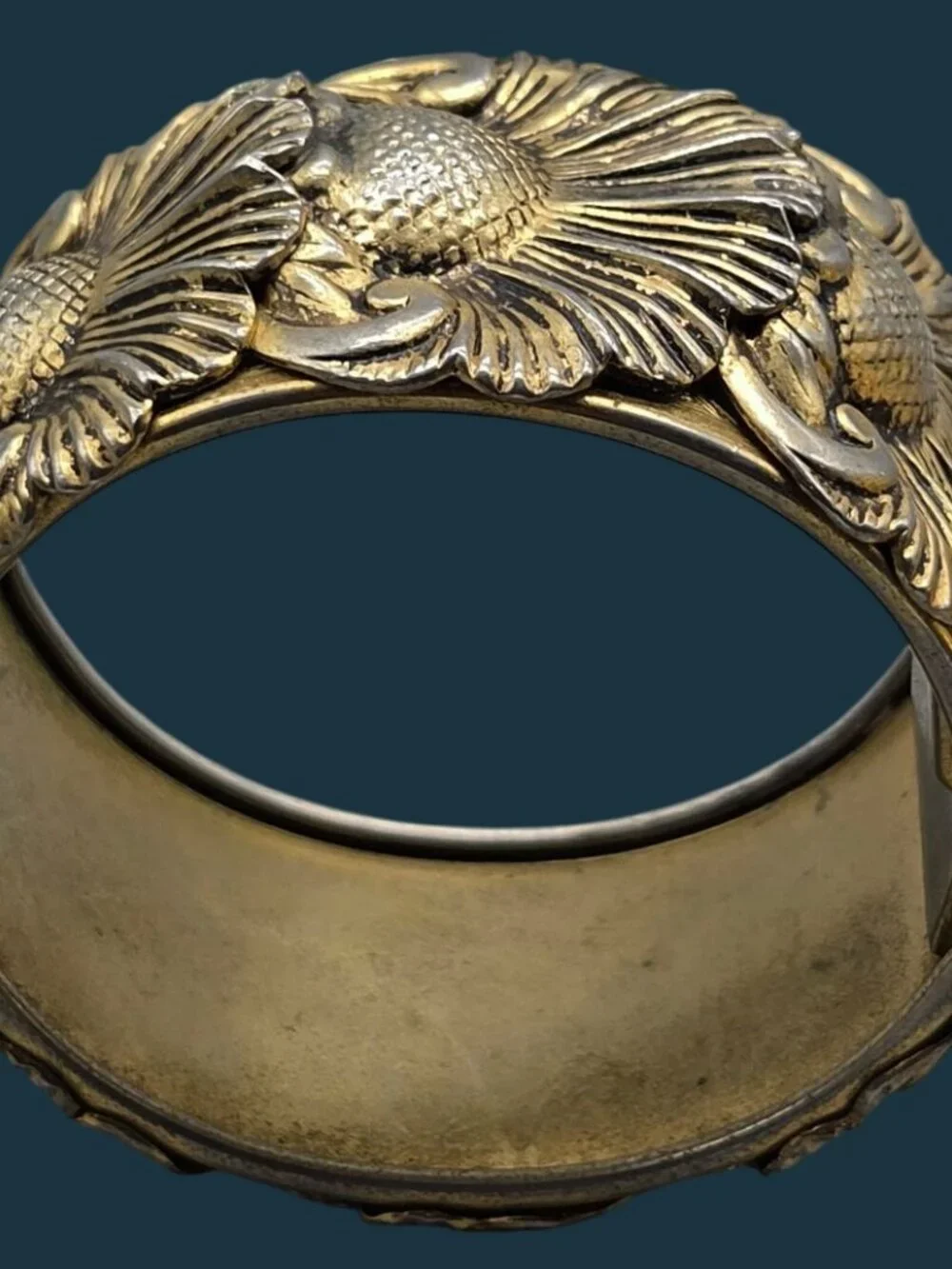 VTG Whiting & Davis Gold Tone Repousse Sunflower Wide Hinged Clamper Bracelet 7
